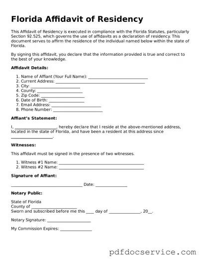 Printable  Affidavit of Residency Template for Florida