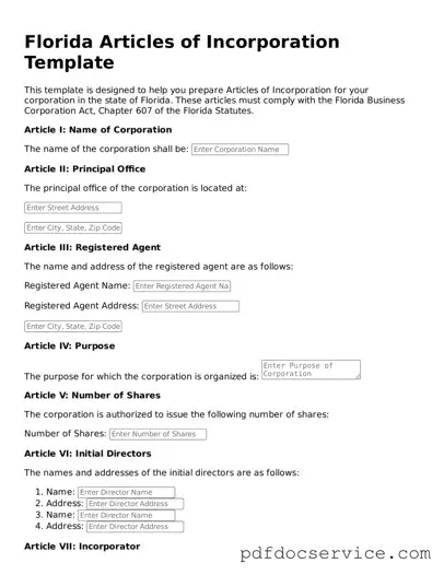 Printable  Articles of Incorporation Template for Florida