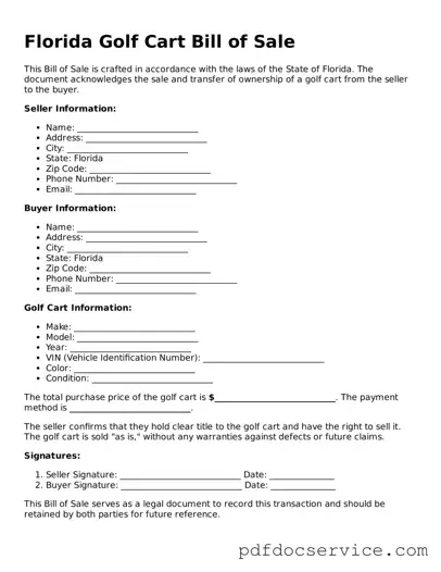Printable  Golf Cart Bill of Sale Template for Florida