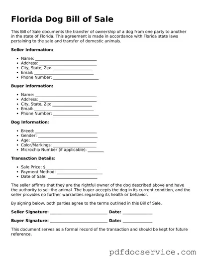 Printable  Dog Bill of Sale Template for Florida