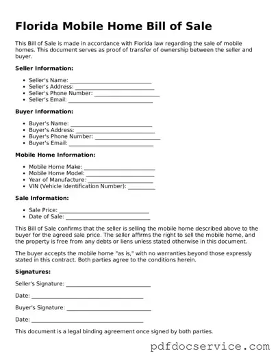 Printable  Mobile Home Bill of Sale Template for Florida