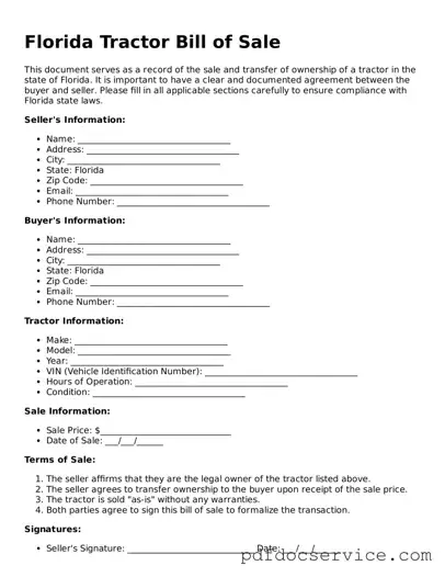 Printable  Tractor Bill of Sale Template for Florida