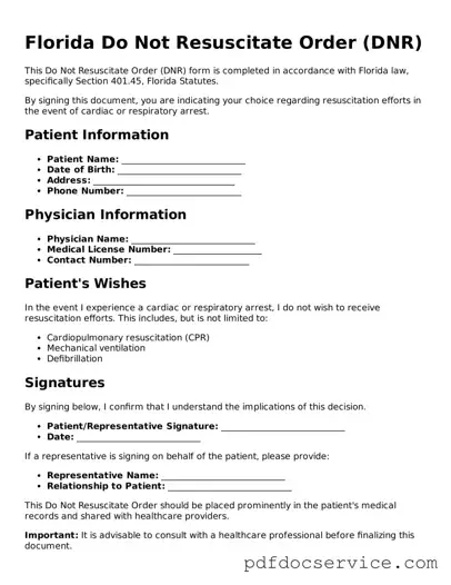 Printable  Do Not Resuscitate Order Template for Florida