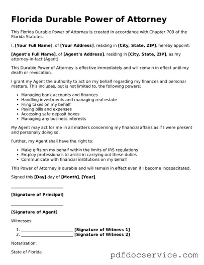 Printable  Durable Power of Attorney Template for Florida
