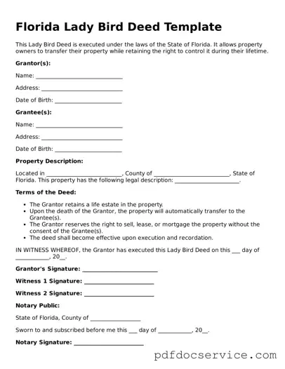 Printable  Lady Bird Deed Template for Florida