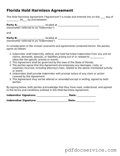 Printable  Hold Harmless Agreement Template for Florida