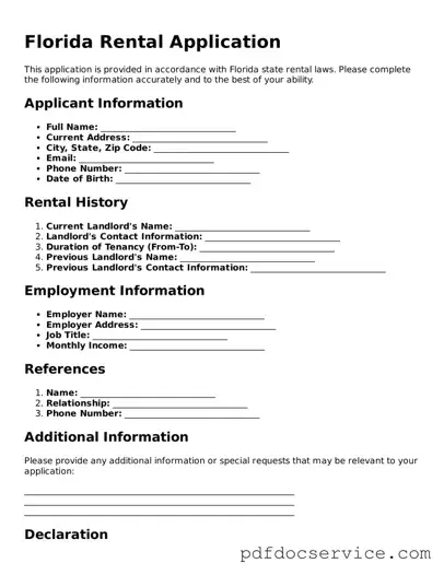 Printable  Rental Application Template for Florida