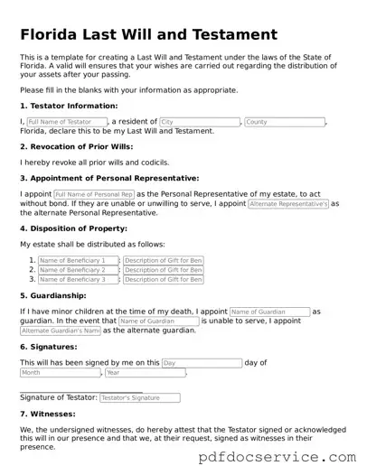 Printable  Last Will and Testament Template for Florida