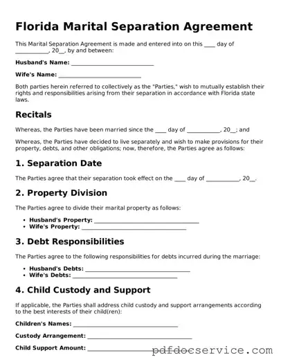 Printable  Marital Separation Agreement Template for Florida
