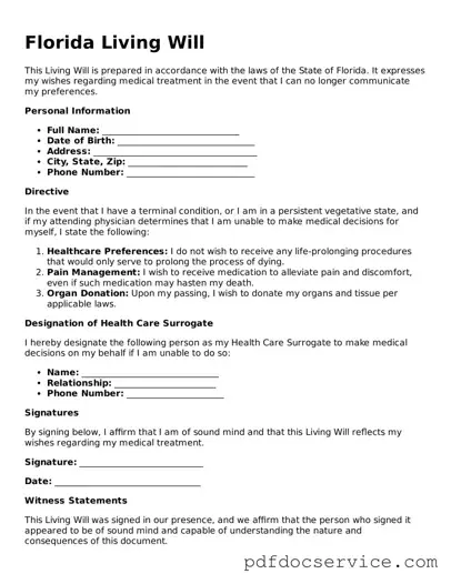 Printable  Living Will Template for Florida