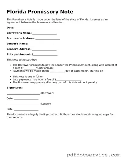 Printable  Promissory Note Template for Florida