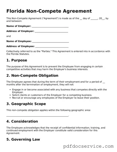 Printable  Non-compete Agreement Template for Florida