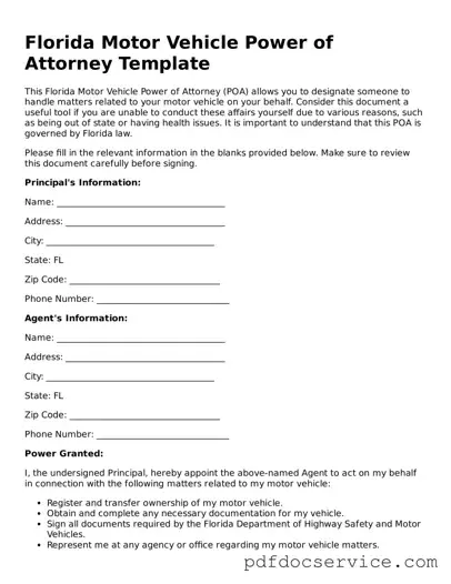 Printable  Motor Vehicle Power of Attorney Template for Florida