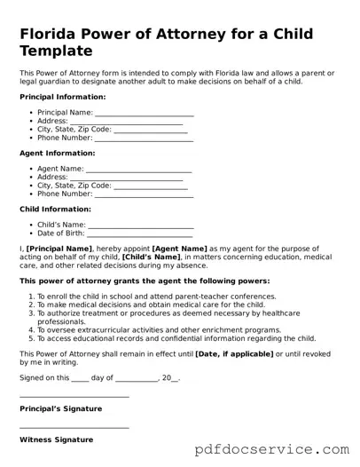 Printable  Power of Attorney for a Child Template for Florida