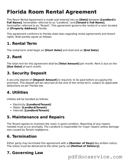 Printable  Room Rental Agreement Template for Florida