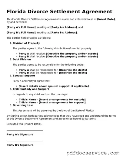 Printable  Divorce Settlement Agreement Template for Florida