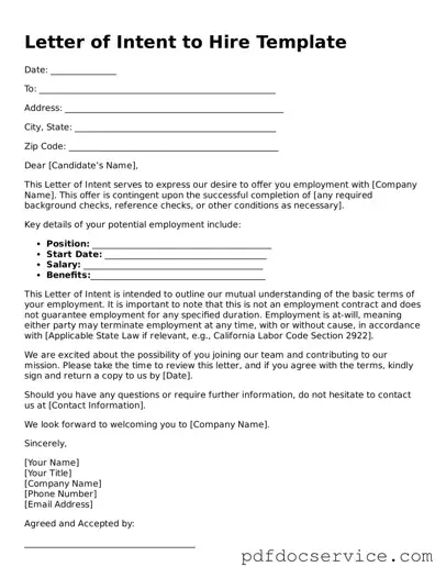 Blank Letter of Intent to Hire Form