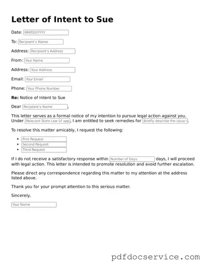 Blank Letter of Intent to Sue Form