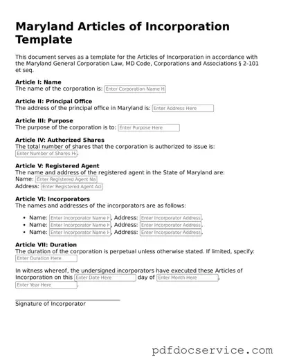 Printable  Articles of Incorporation Template for Maryland