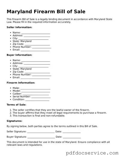 Printable  Firearm Bill of Sale Template for Maryland