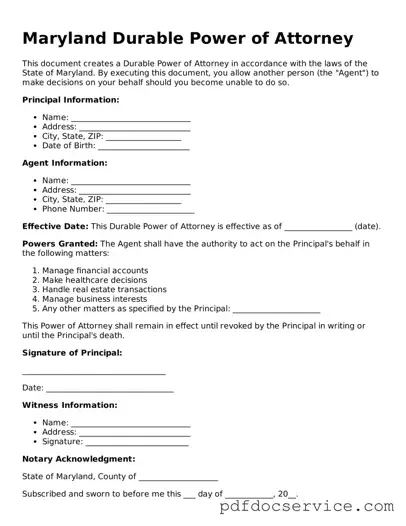 Printable  Durable Power of Attorney Template for Maryland