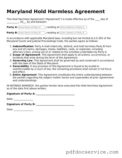 Printable  Hold Harmless Agreement Template for Maryland