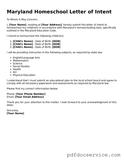 Printable  Homeschool Letter of Intent Template for Maryland