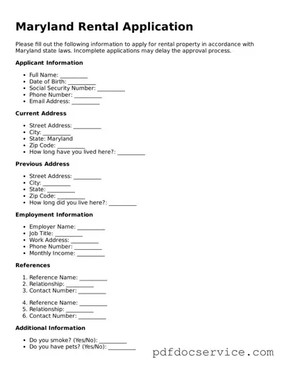Printable  Rental Application Template for Maryland