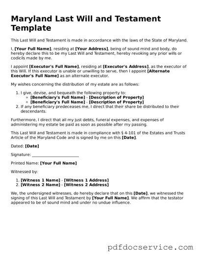 Printable  Last Will and Testament Template for Maryland