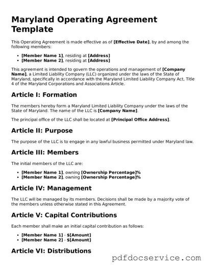 Printable  Operating Agreement Template for Maryland