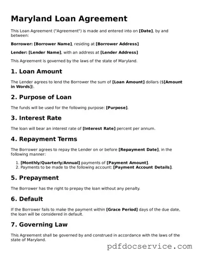 Printable  Loan Agreement Template for Maryland