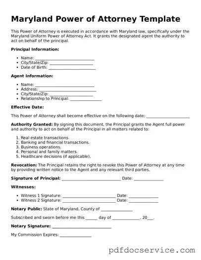 Printable  Power of Attorney Template for Maryland