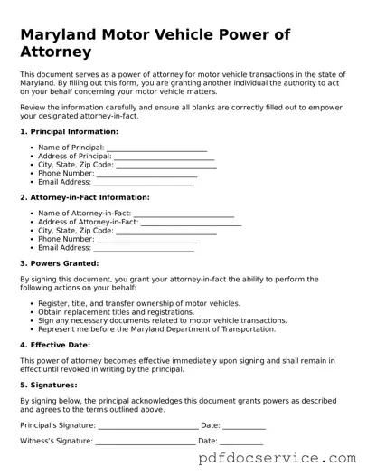 Printable  Motor Vehicle Power of Attorney Template for Maryland