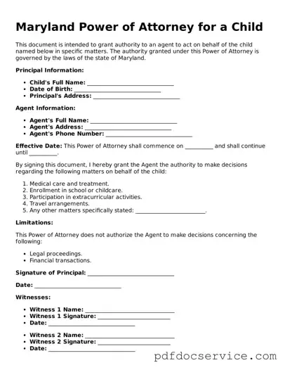 Printable  Power of Attorney for a Child Template for Maryland