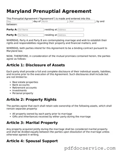 Printable  Prenuptial Agreement Template for Maryland