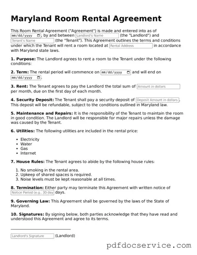 Printable  Room Rental Agreement Template for Maryland