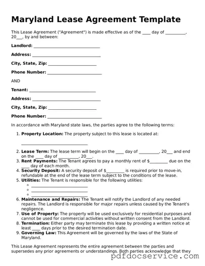 Printable  Lease Agreement Template for Maryland