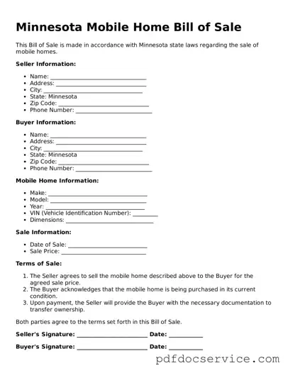 Printable  Mobile Home Bill of Sale Template for Minnesota