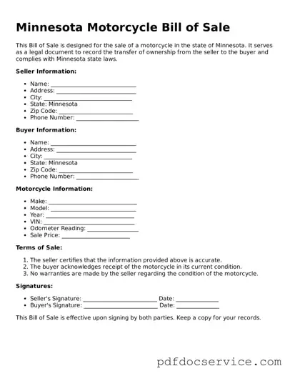 Printable  Motorcycle Bill of Sale Template for Minnesota