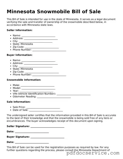 Printable  Snowmobile Bill of Sale Template for Minnesota
