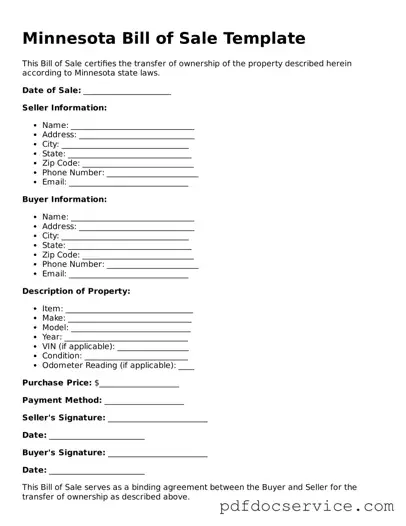 Printable  Bill of Sale Template for Minnesota