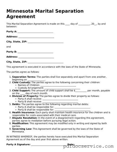 Printable  Marital Separation Agreement Template for Minnesota