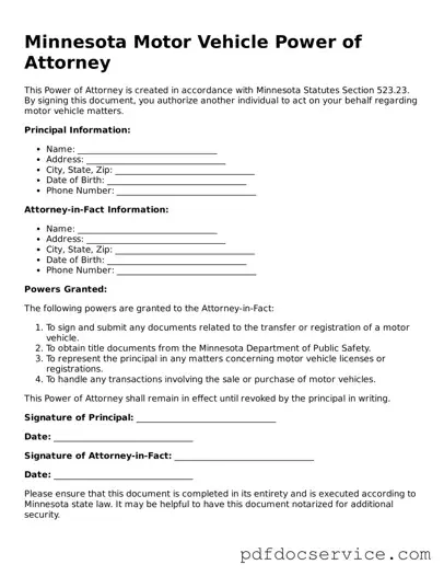 Printable  Motor Vehicle Power of Attorney Template for Minnesota