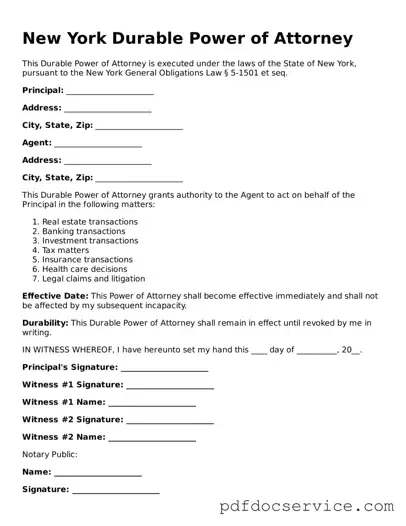 Printable  Durable Power of Attorney Template for New York