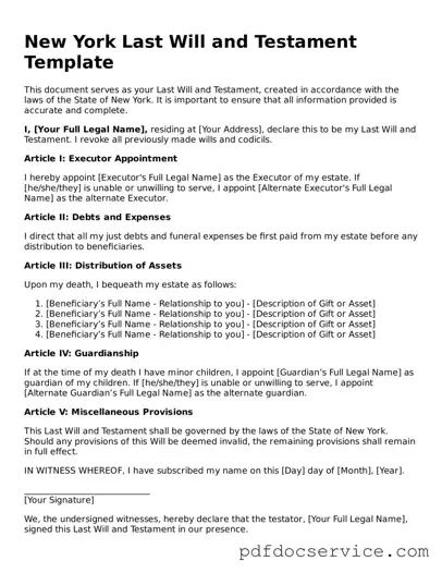Printable  Last Will and Testament Template for New York