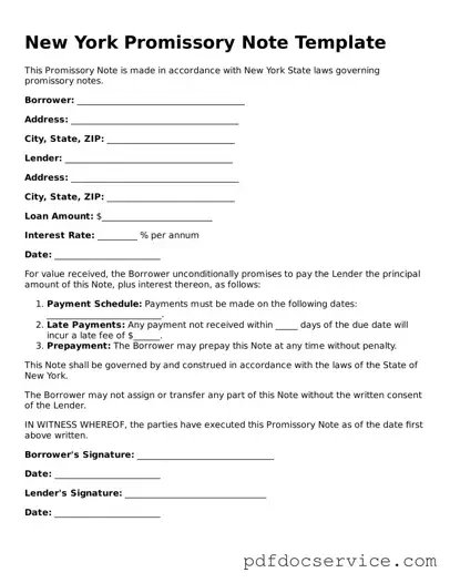 Printable  Promissory Note Template for New York