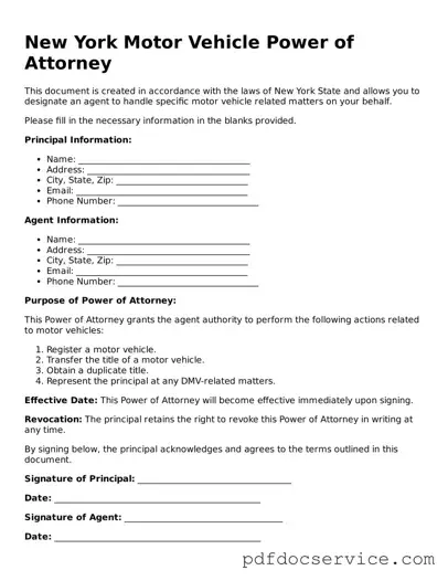 Printable  Motor Vehicle Power of Attorney Template for New York