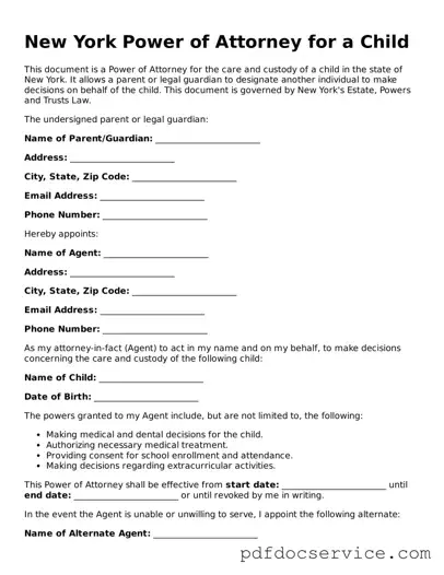 Printable  Power of Attorney for a Child Template for New York