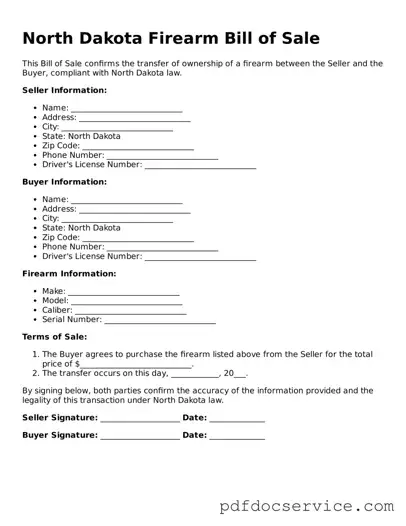 Printable  Firearm Bill of Sale Template for North Dakota
