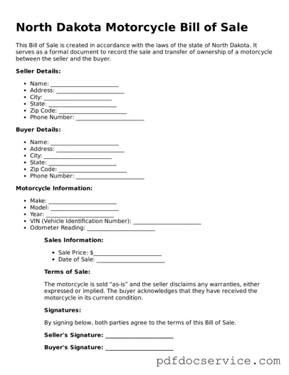 Printable  Motorcycle Bill of Sale Template for North Dakota